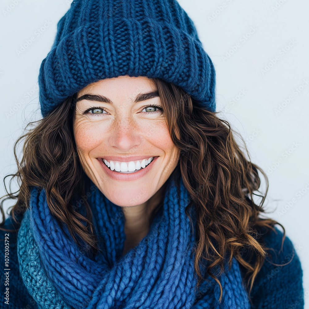 cheerful brunette woman smiling brightly in a vibrant navy winter hat and scarf against a solid white background, radiating warmth and happiness cheerful brunette woman smiling brightly in a vibrant navy winter hat and scarf against a solid white background, radiating warmth and happiness