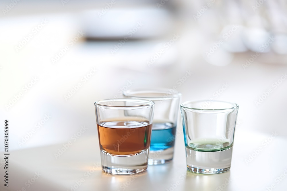 Three shot glasses colored brown, blue and green on white background Three shot glasses colored brown, blue and green on white background