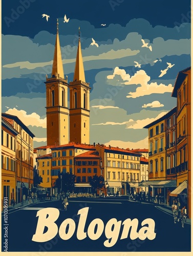 This vintage travel poster showcases Bolognas famous towers set against a vibrant sky. People stroll along the streets, highlighting the citys rich architecture and inviting atmosphere. photo