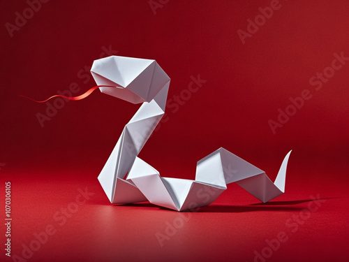 Obraz na płótnie white simple folded paper snake shaped figurine on a red background. The symbol of 2025. Happy Chinese New Year. w salonie