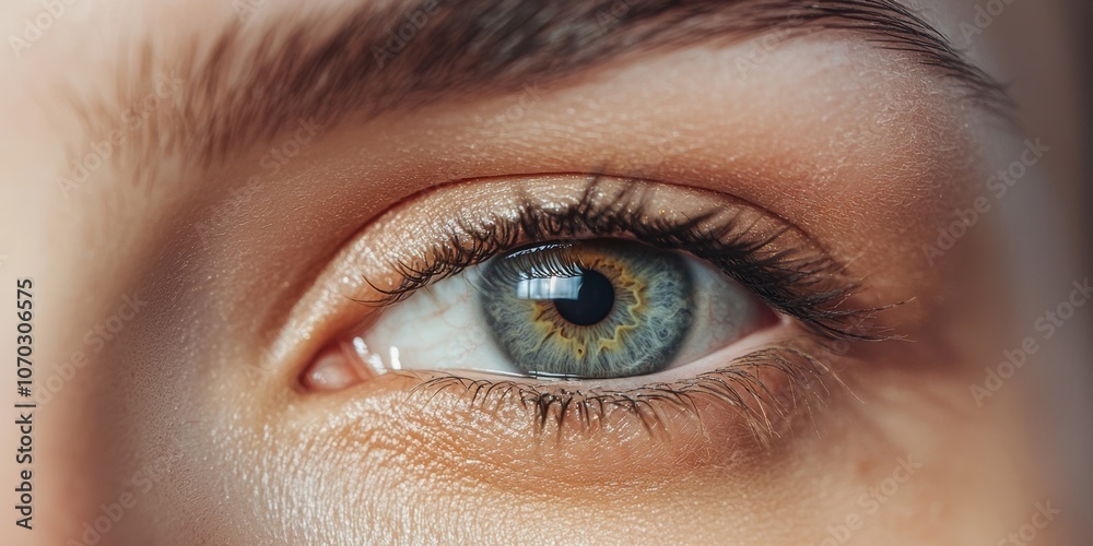 Close-up view of a human eye showcasing vibrant blue and green colors with detailed iris patterns under natural lighting in a softly focused background Close-up view of a human eye showcasing vibrant blue and green colors with detailed iris patterns under natural lighting in a softly focused background