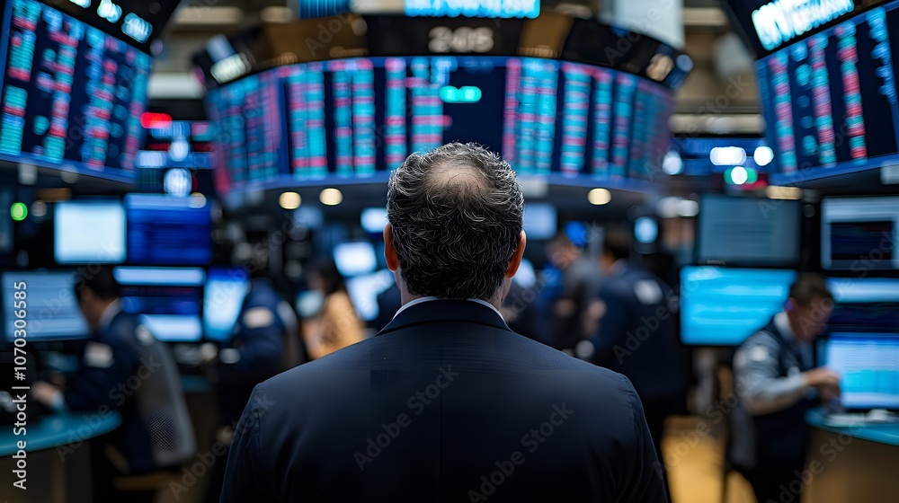 A lively trading floor features traders in suits intensely focused on workstations, surrounded by large screens displaying real-time stock market data. A lively trading floor features traders in suits intensely focused on workstations, surrounded by large screens displaying real-time stock market data.