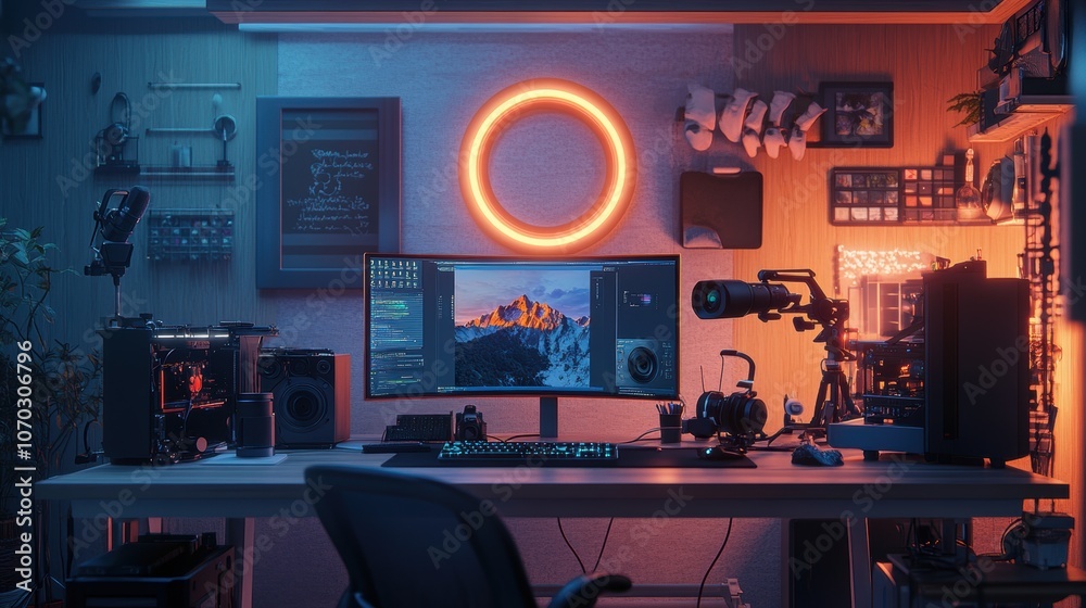 Bright, Spacious Streaming Studio Setup with Professional Camera, Microphone, and Ring Light Around a Computer, Featuring Modern Design, Clean Aesthetic, and Vibrant Neon Accents Bright, Spacious Streaming Studio Setup with Professional Camera, Microphone, and Ring Light Around a Computer, Featuring Modern Design, Clean Aesthetic, and Vibrant Neon Accents
