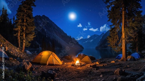 A group of tents are set up on a lakeshore with a campfire in front of them, a full moon shining brightly overhead, in a forest setting with mountains in the background.