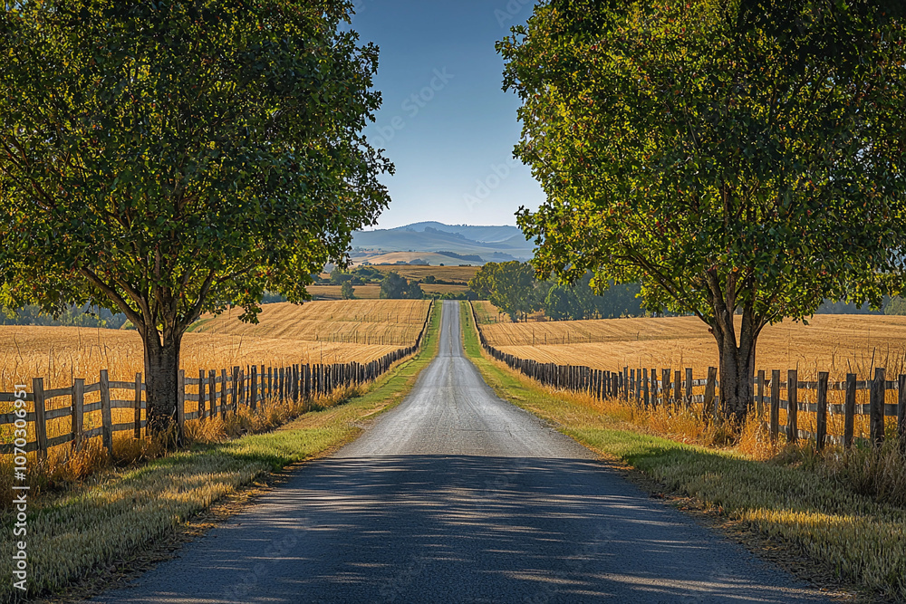 Fototapeta premium Tranquil country road lined with trees and fields under blue sky