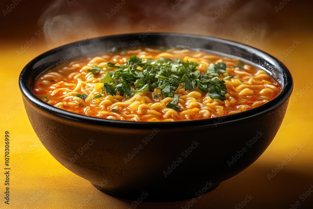 A black bowl filled with appetizing spicy instant noodles, garnished with green onions, captures the essence of a flavorful and comforting meal on a bright yellow background. A black bowl filled with appetizing spicy instant noodles, garnished with green onions, captures the essence of a flavorful and comforting meal on a bright yellow background.