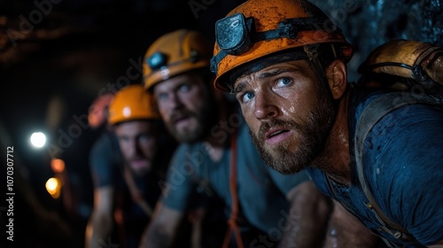 Miners crouch in a dark, damp underground location, wearing helmets and focused expressions, illuminated by headlamps as they concentrate on their challenging work.