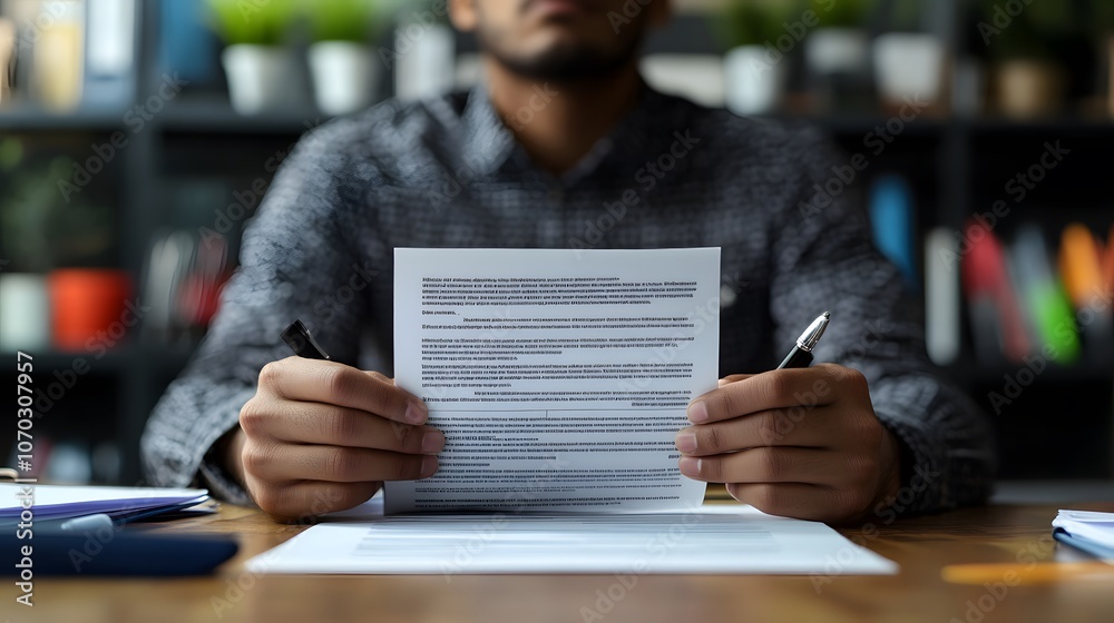 A man at his desk shows visible disappointment while holding a rejected job application, the blurred office supplies behind him emphasizing his frustration. 