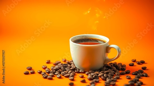 A steaming cup of coffee nestled amongst roasted coffee beans, a vibrant orange backdrop adding a warm glow to the morning ritual.