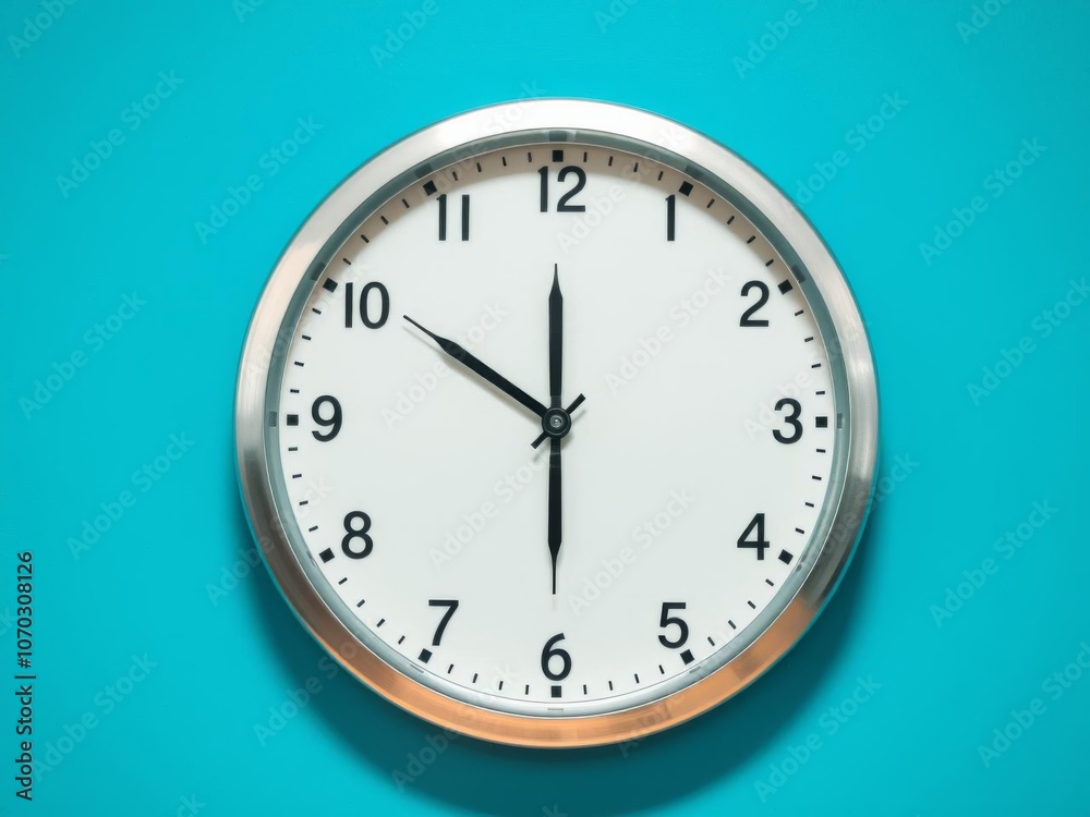 A silver shiny clock hanging at the wall with copy space in a minimalist room setting, copy space, wall A silver shiny clock hanging at the wall with copy space in a minimalist room setting, copy space, wall