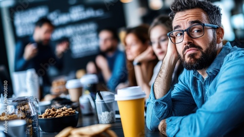 A man looking bored sits with a group at a cafe, surrounded by coffee cups and snacks, reflecting disengagement during an informal meeting. photo