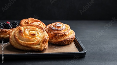 Freshly baked pastries arranged on a black tray with glossy surface highlighting their flaky texture and rich colors, appealing for breakfast or dessert selection at a bakery