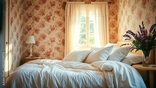 A White Bed with Pillows in a Room with Floral Wallpaper and a Window with Sheer Curtains