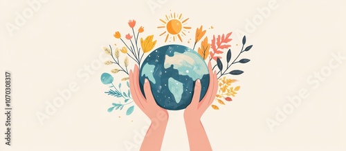 Hands Holding Earth Globe Surrounded by Flowers and Sun photo