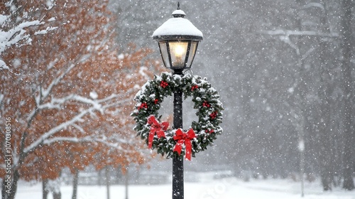 An old-fashioned street lamp with a Christmas wreath and light snow. photo