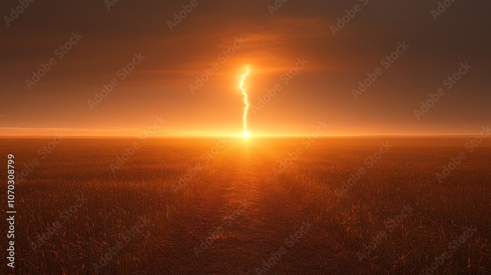 Obraz premium A single lightning strike illuminates a dramatic sunset over a vast field.
