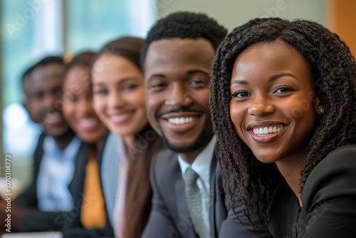 A group of Black professionals smiles happily while participating in a team presentation. They appear engaged and collaborative, showcasing a positive atmosphere in a modern meeting space.