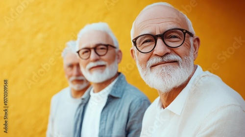Three elderly men with bright smiles standing in front of a colorful wall in a sunny outdoor setting during the day