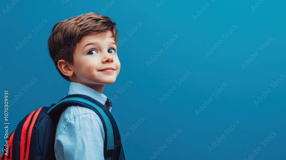 Young boy with backpack smiles while looking back against a blue background in a bright classroom setting Young boy with backpack smiles while looking back against a blue background in a bright classroom setting