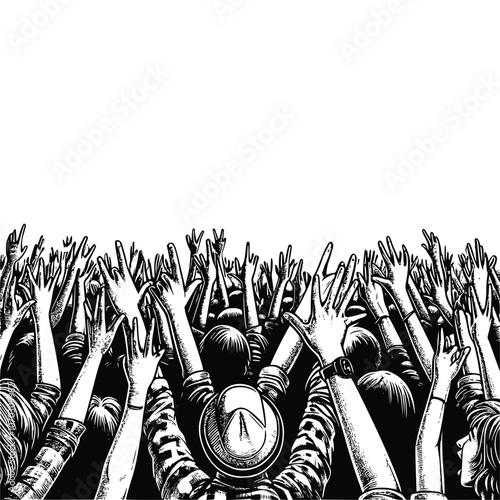 Hand Drawn black and white of Excited Concert Crowd with Raised Hands