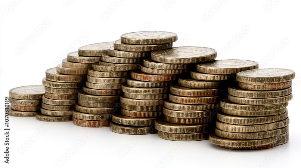 Stacks of Coins Arranged in a Gradual Slope on a White Background Showcasing Different Sizes and Textures of Currency Stacks of Coins Arranged in a Gradual Slope on a White Background Showcasing Different Sizes and Textures of Currency