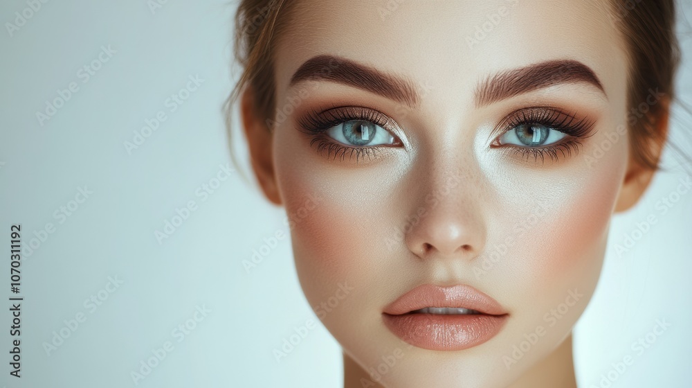Close-up portrait of a young woman showcasing captivating blue eyes and bold makeup in a soft, neutral background during a fashion photoshoot Close-up portrait of a young woman showcasing captivating blue eyes and bold makeup in a soft, neutral background during a fashion photoshoot