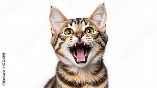 Surprised screaming cat is isolated on white background with a funny and excited expression