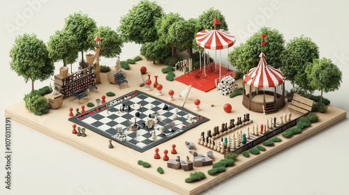 Chess tables and bocce ball courts in a shaded recreation area photo