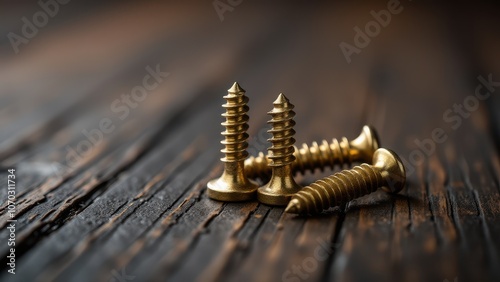 Screws and bolts for furniture repair. Golden screws scattered on rustic wooden planks, highlighting their metallic shine and spiral design in natural light. 