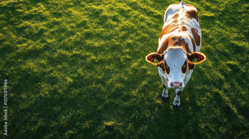 Cow standing on green grass under sunlight in an open field during late afternoon with clear sky, emphasizing rural lifestyle and peaceful farming environment