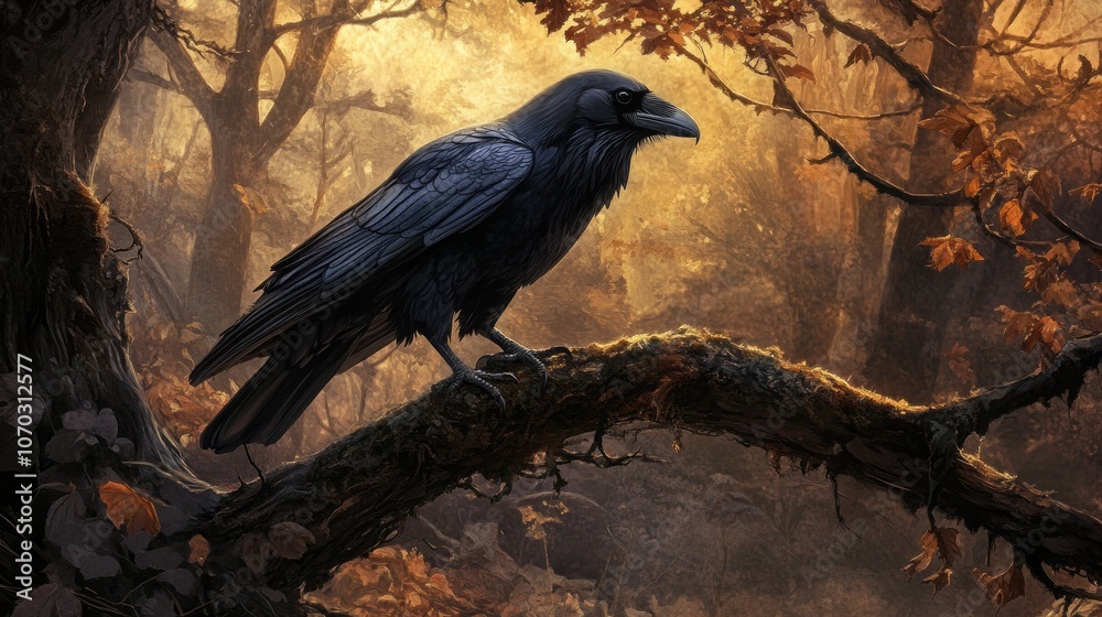 Obraz premium A black crow is perched on a tree branch in a forest