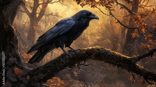 A black crow is perched on a tree branch in a forest