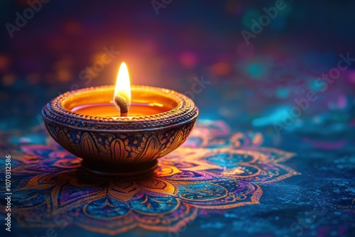 Delicate candle flame illuminating ornate lamp on colorful patterned surface during festive night celebration