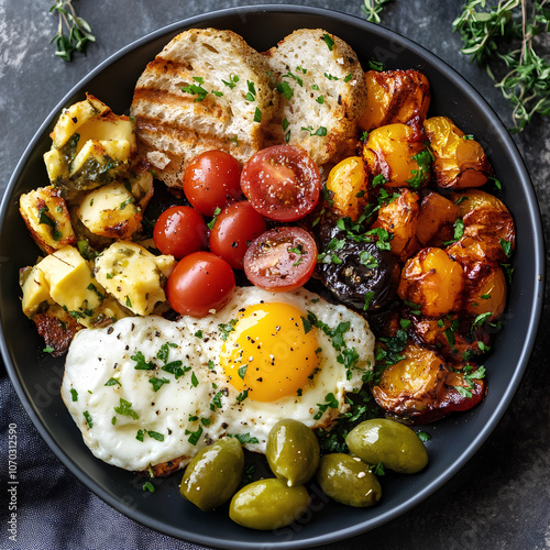 Breakfast Bowl with Sunny-Side Eggs, Tomatoes, Olives, and Toast - Fresh and Wholesome Meal photo