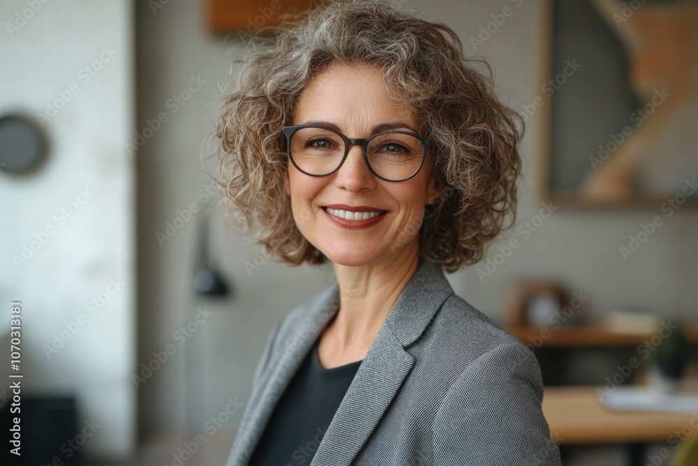 Professional woman with curly hair smiles confidently in a modern office setting during the day Professional woman with curly hair smiles confidently in a modern office setting during the day