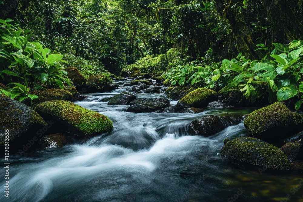 A river flows through a lush green forest, surrounded by rocks A river flows through a lush green forest, surrounded by rocks