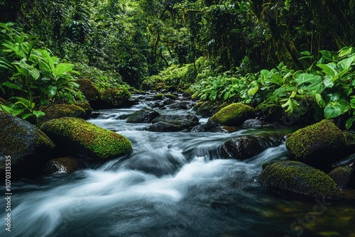 A river flows through a lush green forest, surrounded by rocks