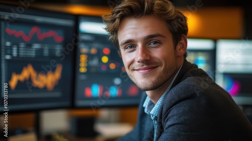 Focused financial analyst examining market trends in a modern office setting during the late afternoon