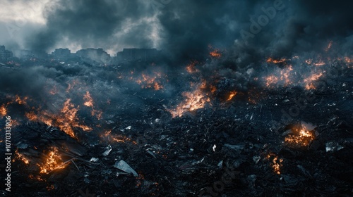 A desolate landscape filled with smoke and flames, depicting environmental destruction.