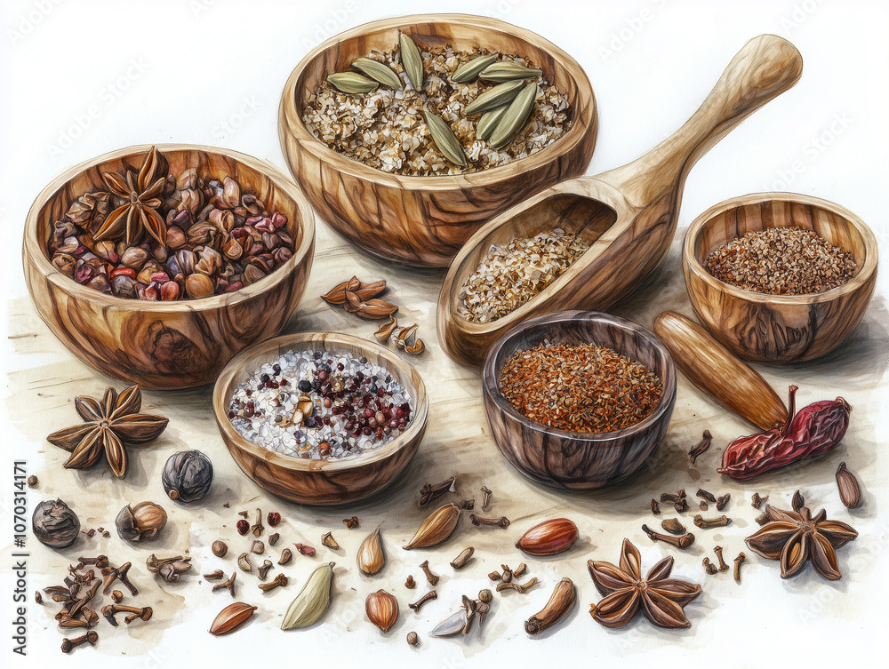 Spice mixtures and whole spices displayed with a wooden spoon and bowls Spice mixtures and whole spices displayed with a wooden spoon and bowls