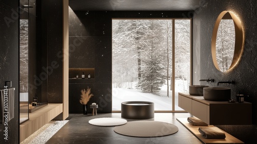 A bathroom with a large mirror and a bathtub