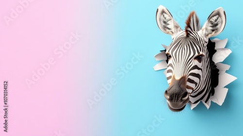 zebra looking up in paper side torn hole isolated, high detail photo