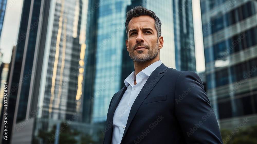 Confident businessman standing tall in urban environment during midday, surrounded by modern skyscrapers and vibrant city life while dressed in formal attire Confident businessman standing tall in urban environment during midday, surrounded by modern skyscrapers and vibrant city life while dressed in formal attire