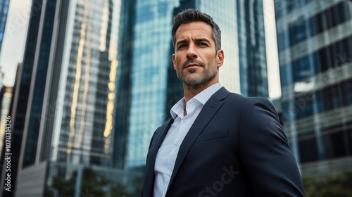 Confident businessman standing tall in urban environment during midday, surrounded by modern skyscrapers and vibrant city life while dressed in formal attire