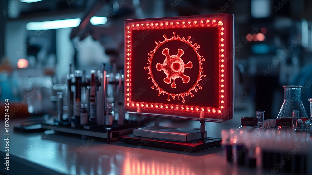 Glowing red warning sign with a cancer cell illustration on a white surface, surrounded by medical equipment, emphasizing cancer risk awareness. Glowing red warning sign with a cancer cell illustration on a white surface, surrounded by medical equipment, emphasizing cancer risk awareness.
