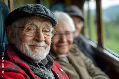 Elderly couple smiling warmly while enjoying a scenic train ride through the countryside