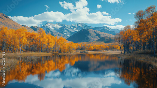 Autumn tranquility with yellowed trees and mountain reflections in the Irkut River