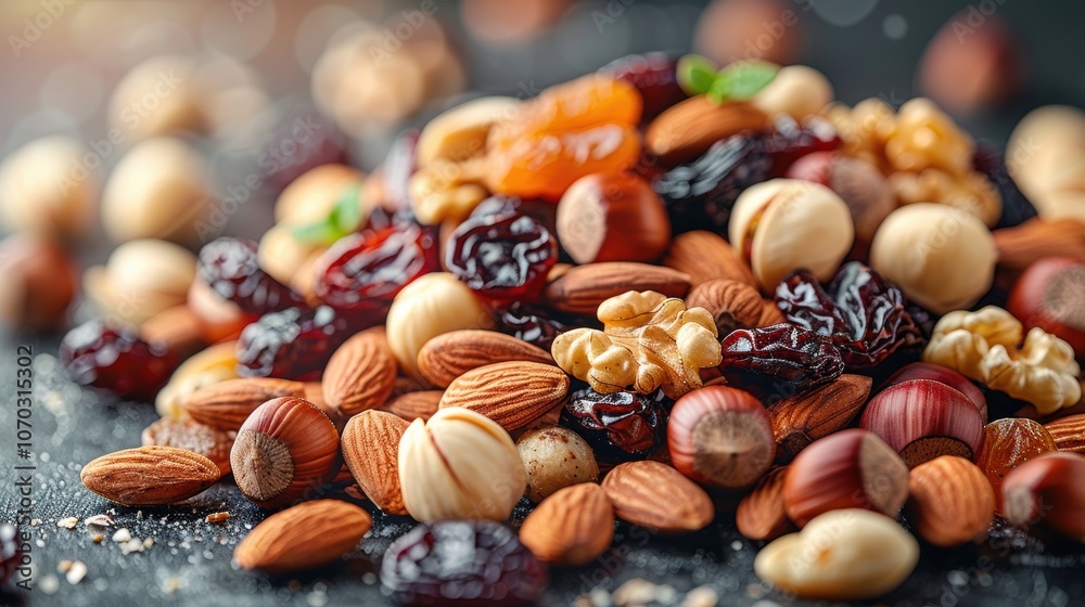 Colorful mix of nuts and dried fruits on a dark surface showcasing a variety of textures and colors, perfect for healthy snacking options in any season Colorful mix of nuts and dried fruits on a dark surface showcasing a variety of textures and colors, perfect for healthy snacking options in any season