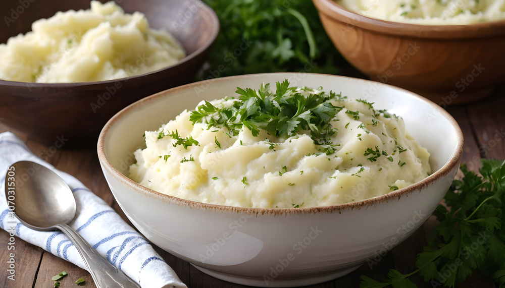 Roasted garlic mashed potatoes served in a festive bowl with a spoon.
Roasted garlic mashed potatoes served in a festive bowl with a spoon.