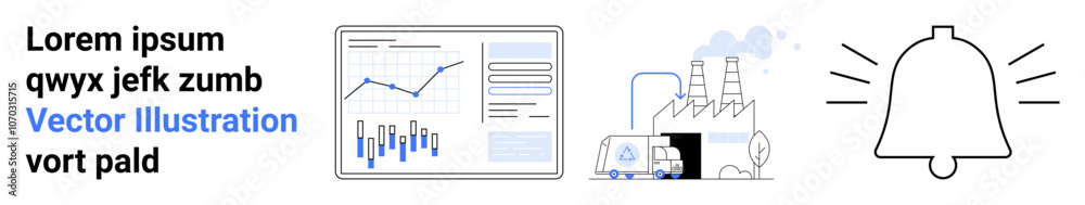Chart with graphs, industrial factory with truck, notification bell. Ideal for data analysis, industrial automation, notifications, business analytics, monitoring, alerts, and website design. Landing Chart with graphs, industrial factory with truck, notification bell. Ideal for data analysis, industrial automation, notifications, business analytics, monitoring, alerts, and website design. Landing
